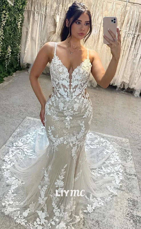 LW414 - V-Neck Open Back Lace Appliques Mermaid Wedding Dress