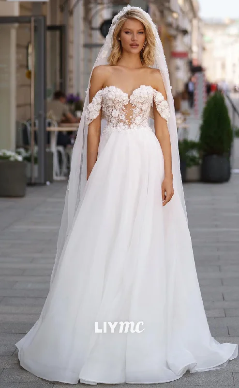 LW418 - Off-Shoulder Strapless Sheer Flower Embellished A-Line Wedding Dress