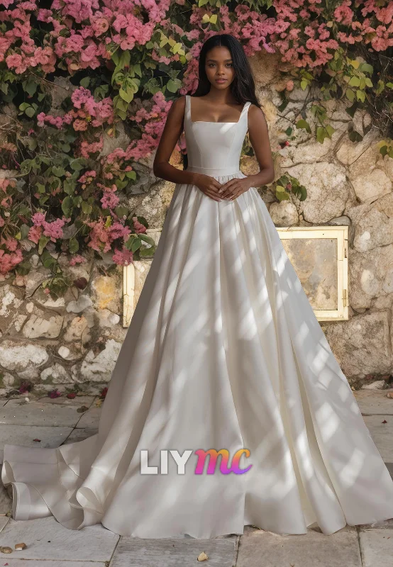 LW423 - Squre Sleeveless Simple A-Line Pleated Ruched Satin Wedding Dress