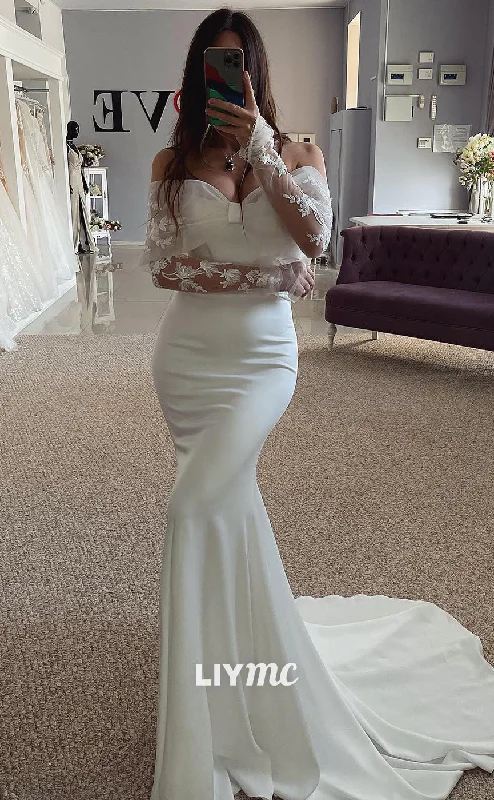 LW435 - Off-Shoulder Long Sleeves Sleek Satin Sheath Mermaid Wedding Dress