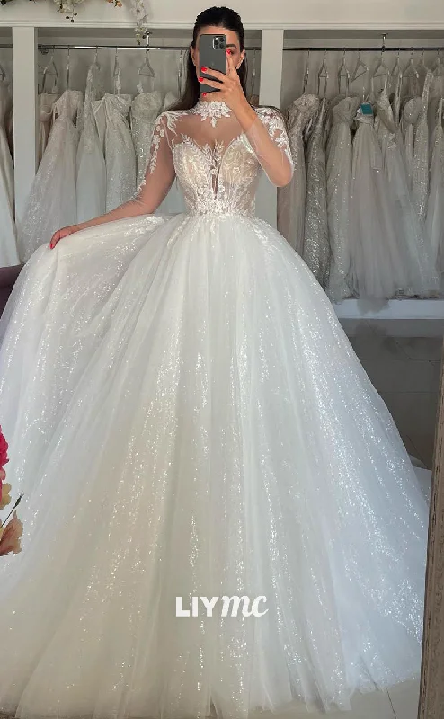 LW436 - V-Neck Lace Appliques Sheer Tulle Tiered A-Line Ball Gown Wedding Dress