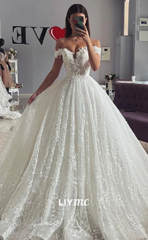 LW440 - Off-Shoulder V-Neck Appliques Tiered A-Line Ball Gown Wedding Dress