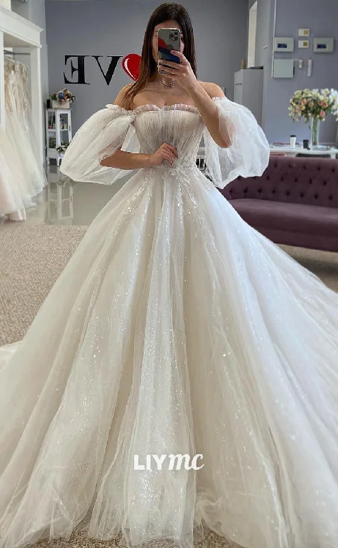 LW441 - Straight Across Strapless Lantern Sleeves Ruched A-Line Ball Gown Wedding Dress