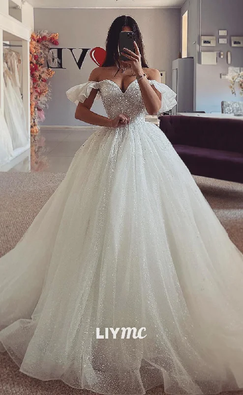 LW443 - Off-Shoulder V-Neck Beaded Tiered A-Line Tulle Ball Gown Wedding Dress