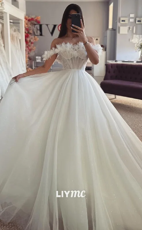 LW447 - Off-Shoulder Floral Embellished Pleated Ruched Sleeveless Ball Gown Wedding Dress