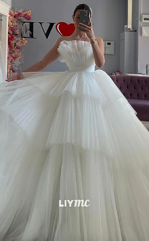 LW449 - Asymmetrical Sleeveless Tiered Tulle A- Line Ball Gown Wedding Dress