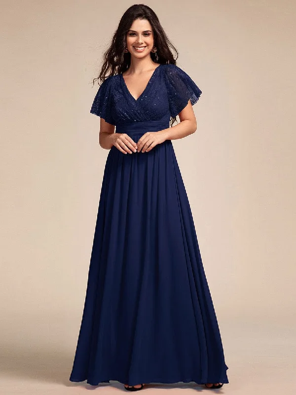 Flutter Sleeve Pleated Lace Bodice V-Neck Maxi Bridesmaid Dress