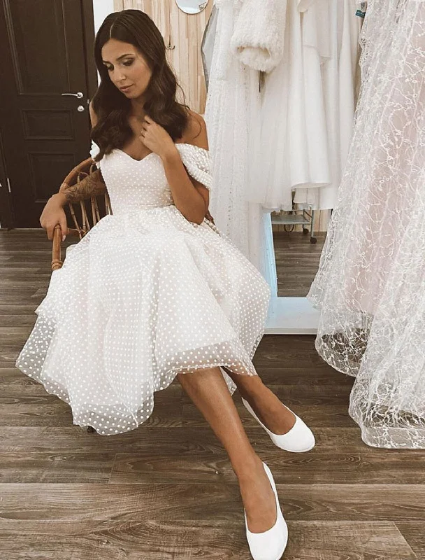 Reception Little White Dresses Wedding Dresses A-Line Off Shoulder Cap Sleeve Knee Length Tulle Bridal Gowns With Solid Color