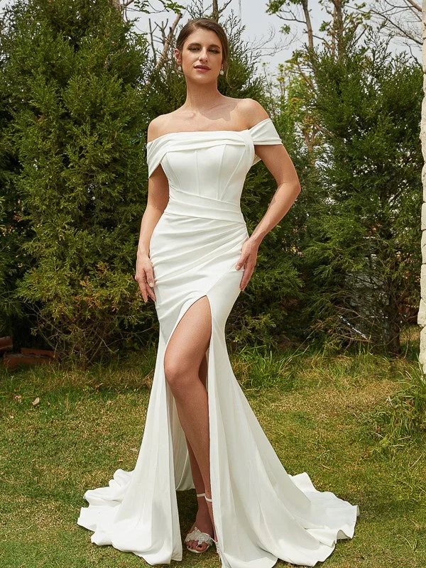 Sheath/Column Stretch Crepe Ruched Off-the-Shoulder Sleeveless Sweep/Brush Train Wedding Dresses