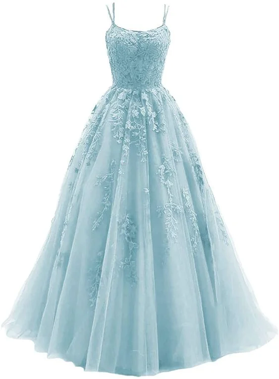 Spaghetti Strap Prom Dress Ball Gown Lace Appliques Wedding Tulle Homecoming Long Dress Princess Formal Evening Gowns   S3027