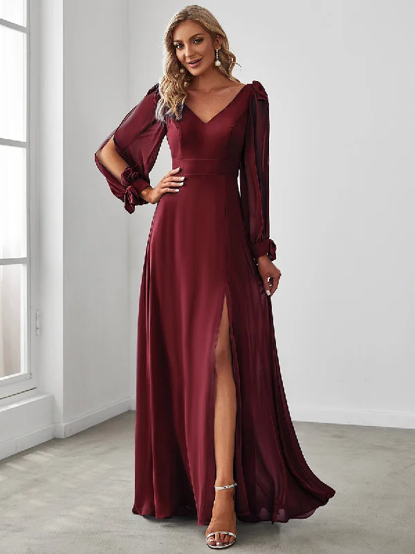 Long Lantern Sleeves A Line V Neck Wholesale Bridesmaid Dresses