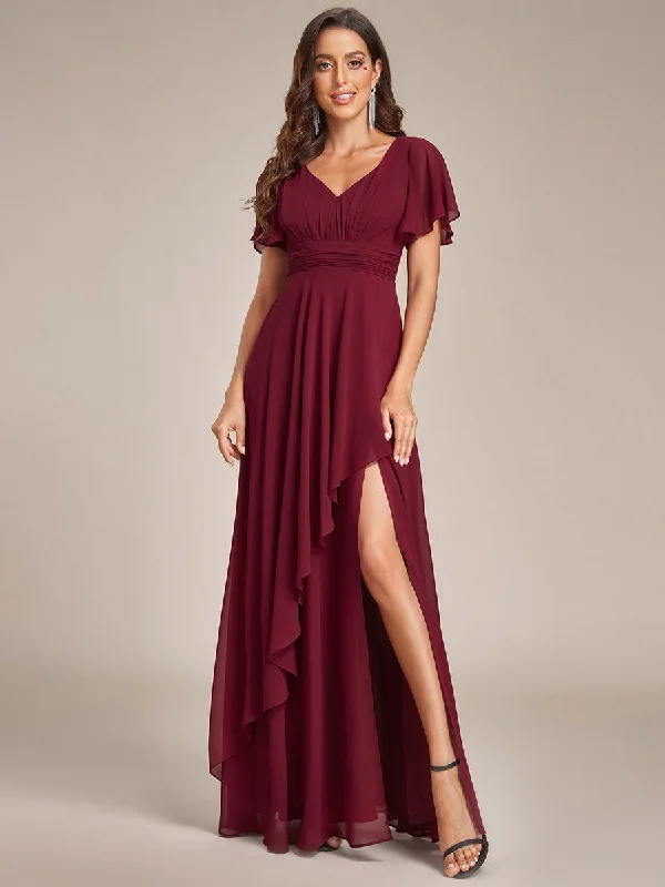 Side Split V Neck Ruched Wholesale Chiffon Bridesmaid Dresses